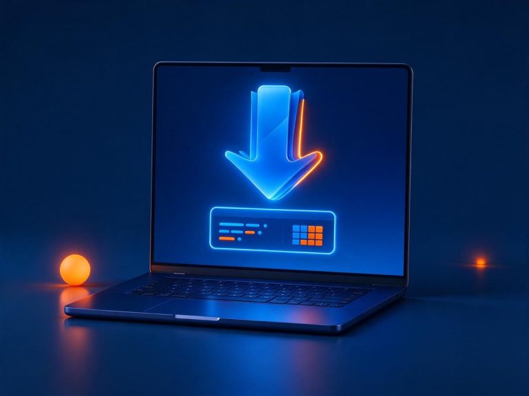 Portatile con una grande freccia di download sullo schermo